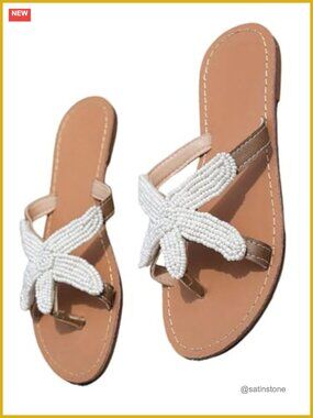 PU Leather Pearl Starfish Flip Flops Thong Sandals Beach Vacation Slides Flat